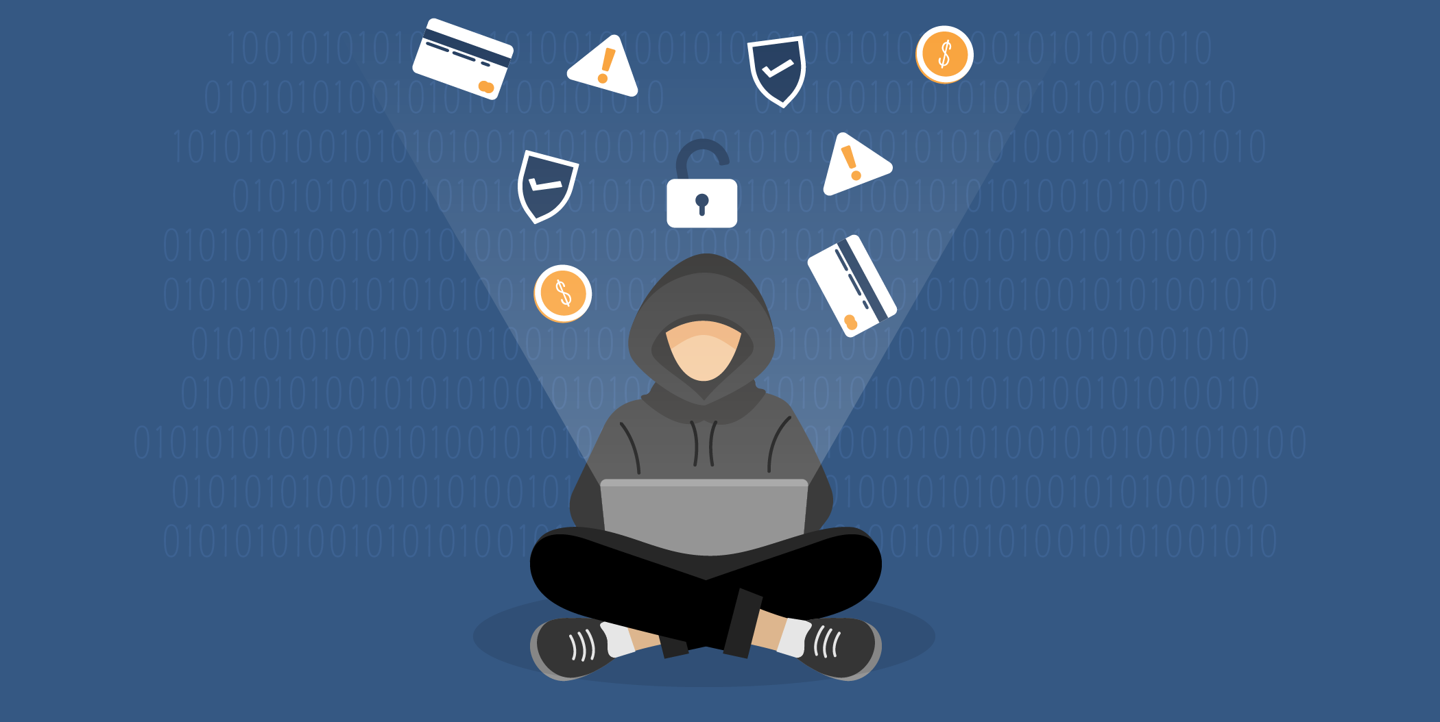 A hacker using a laptop, surrounded by floating credit cards, warning icons, and security symbols, representing cybersecurity threats.